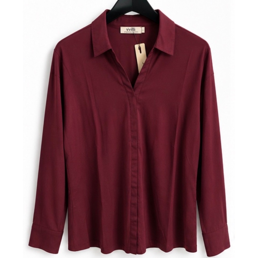 Vivilli Womens Long Sleeve V-Neck Blouse Burgundy Wine Red Size L NWT